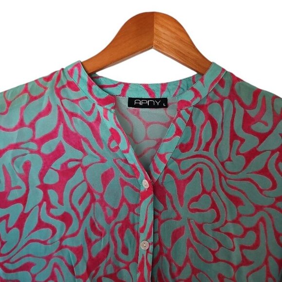 Ap NY Hottie Button Up Blouse L Large Mandarin Collar 3/4 sleeve Light Aqua Hot - Picture 3 of 9